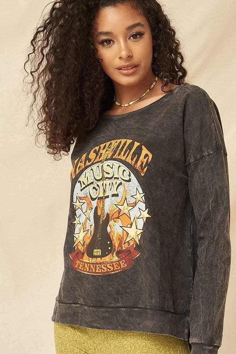 Long Sleeve Graphic Sweatshirt-Nashville Music City - Shopping Therapy Sweatshirt