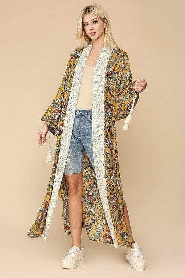 Mustard Long Sleeve Maxi Kimono With Side Slits - Shopping Therapy, LLC Kimono