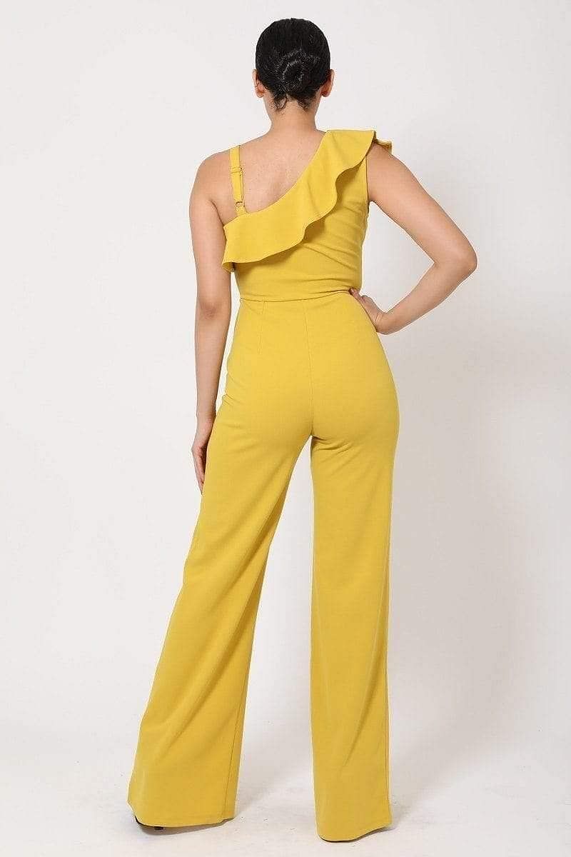 Mustard One Shoulder Ruffle Jumpsuit - Shopping Therapy, LLC Jumpsuit
