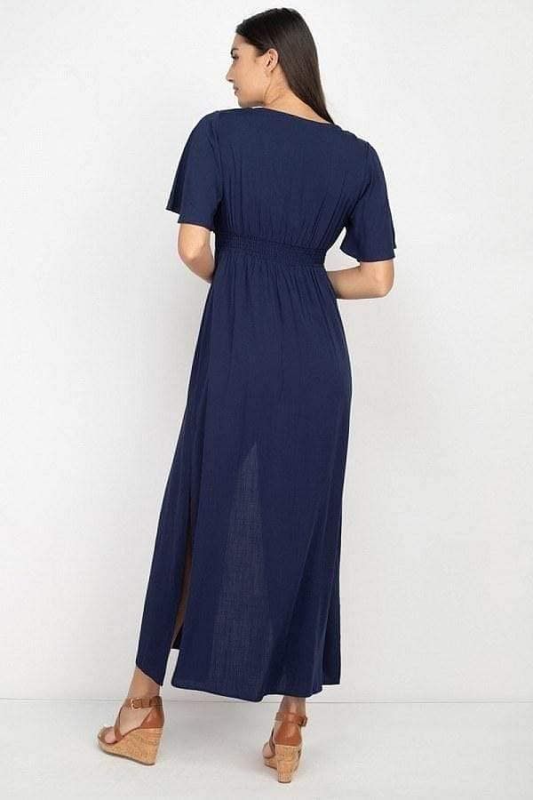 Navy Smocked Waist Maxi Dress With Side Slit - Shopping Therapy, LLC