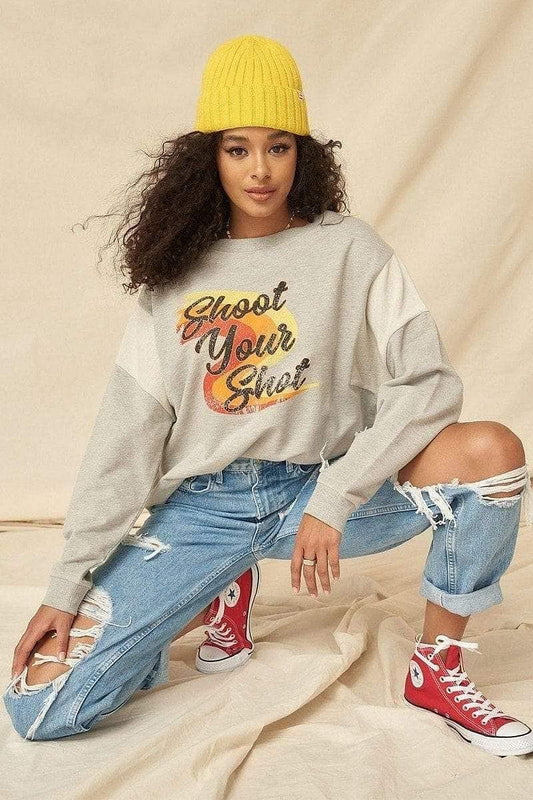 Oatmeal Long Sleeve Shoot Your Shot Graphic Printed Sweatshirt - Shopping Therapy, LLC Sweatshirt