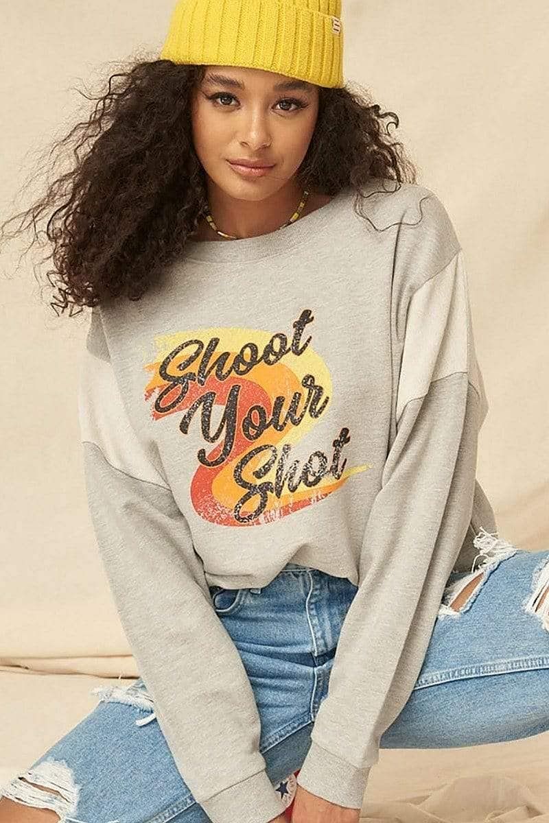 Oatmeal Long Sleeve Shoot Your Shot Graphic Printed Sweatshirt - Shopping Therapy S Sweatshirt