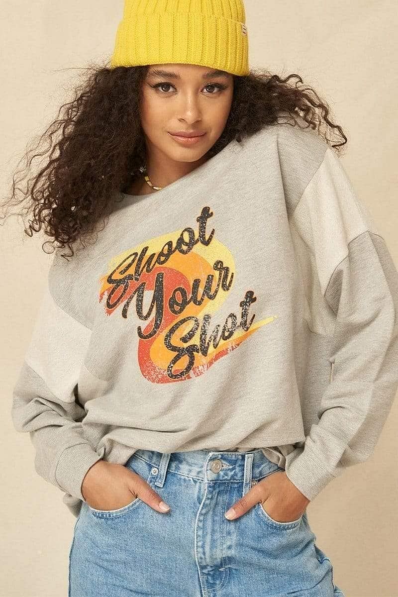 Oatmeal Long Sleeve Shoot Your Shot Graphic Printed Sweatshirt - Shopping Therapy L Sweatshirt