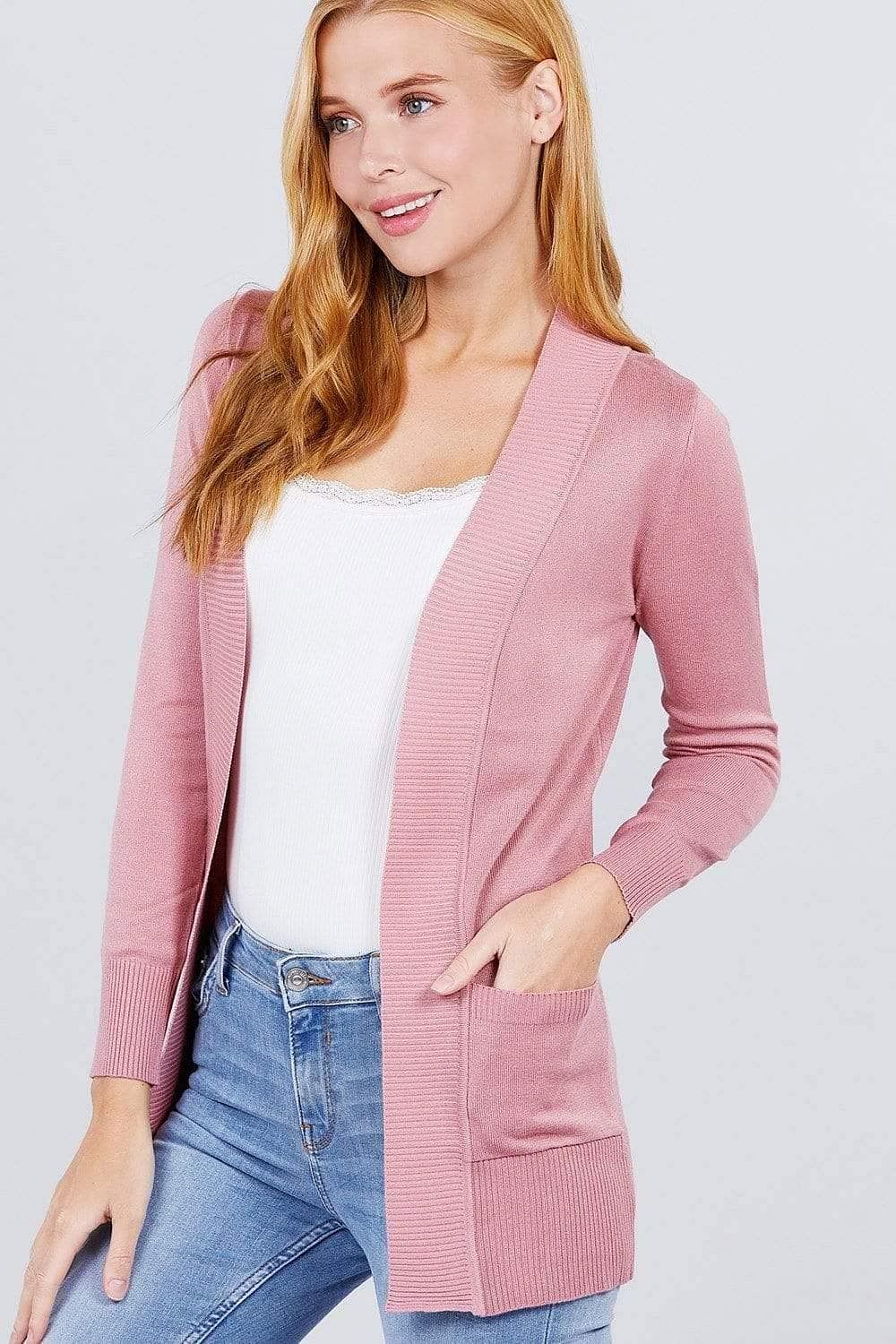 Pink Long Sleeve Open Front Rib Knit Cardigan - Shopping Therapy Cardigan