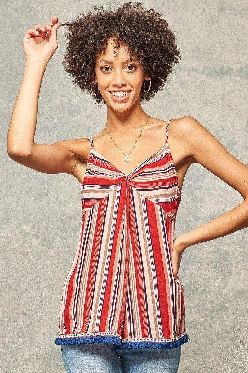 Red Spaghetti Strap V-Neck Stripe Top - Shopping Therapy S Top