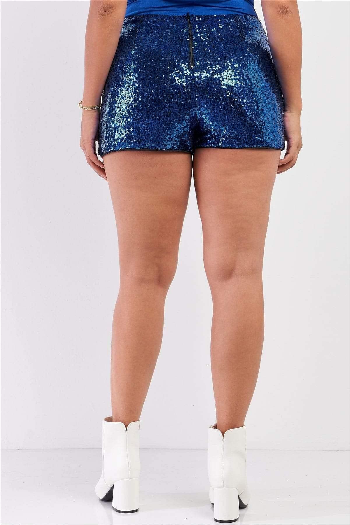 Royal Blue Plus Size High Waisted Sequin Shorts - Shopping Therapy, LLC Shorts