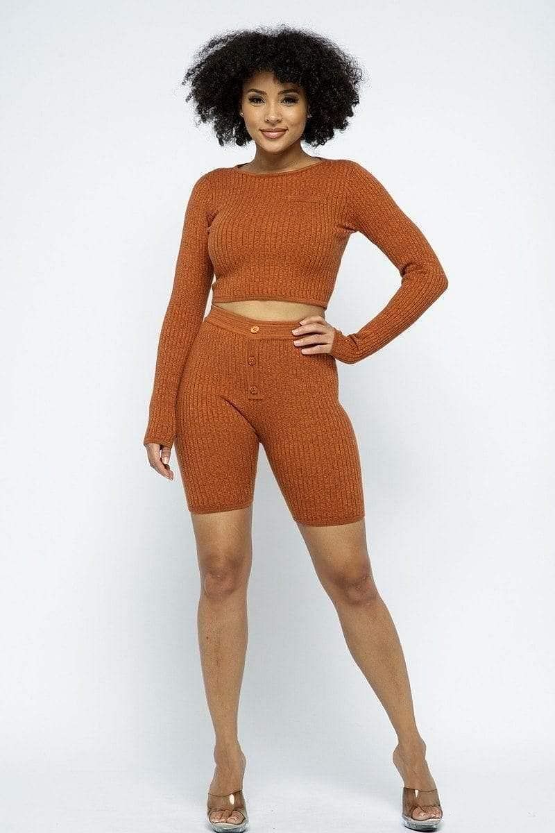 Rust Ribbed Crop Top & Biker Shorts Set – Long Sleeve, Front Button Detail - Shopping Therapy, LLC Sets