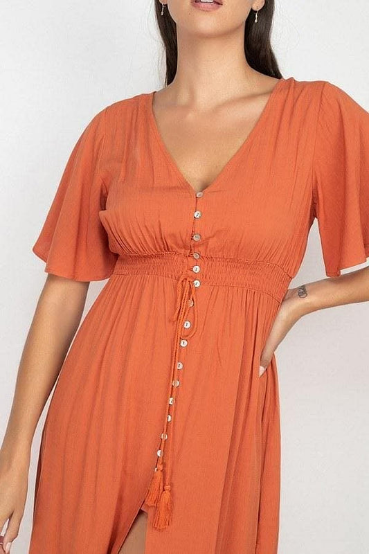 Rust Smocked Waist Maxi Dress With Side Slit - Shopping Therapy, LLC dress
