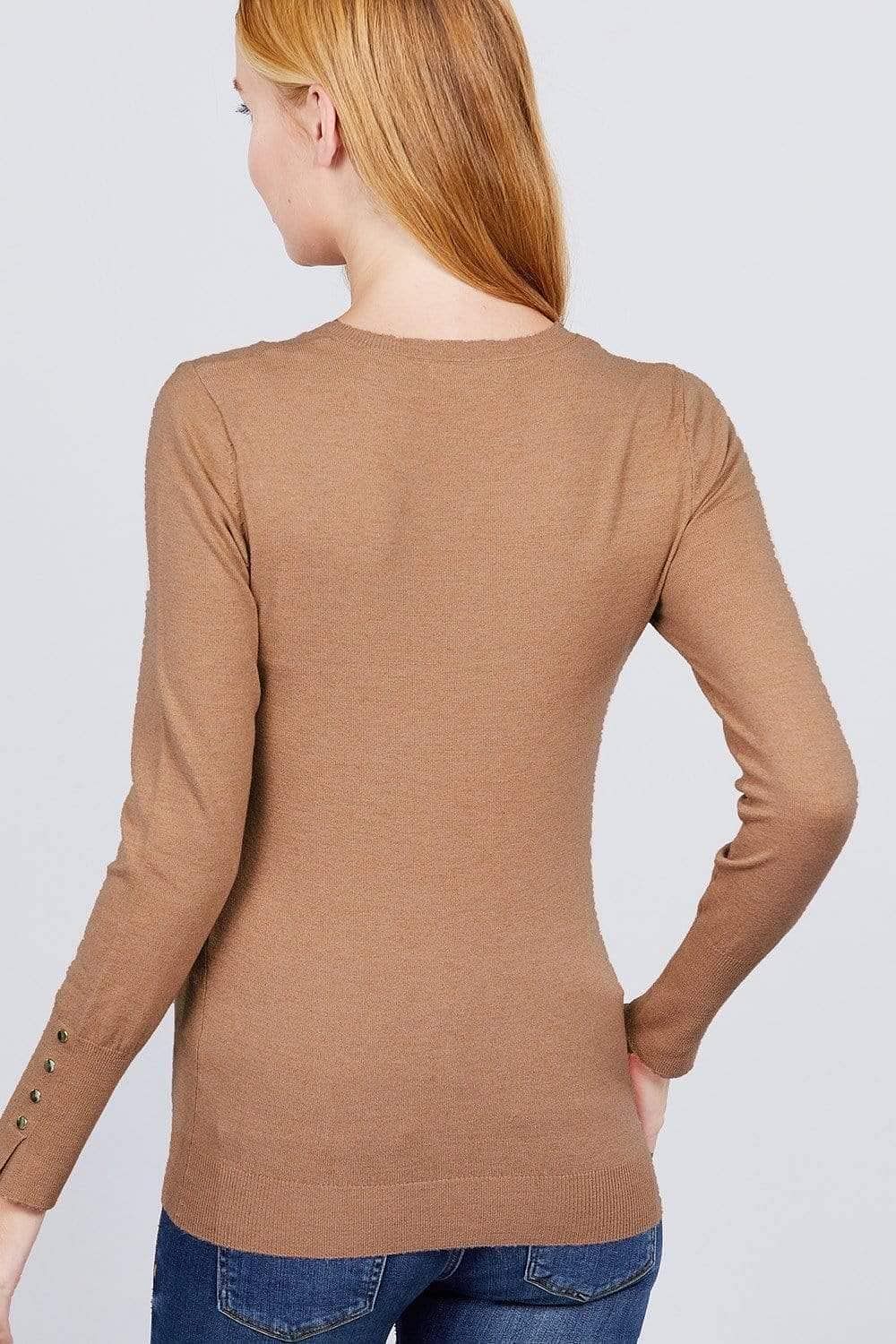 Brown Long Sleeve V-Neck Sweater - Shopping Therapy, LLC