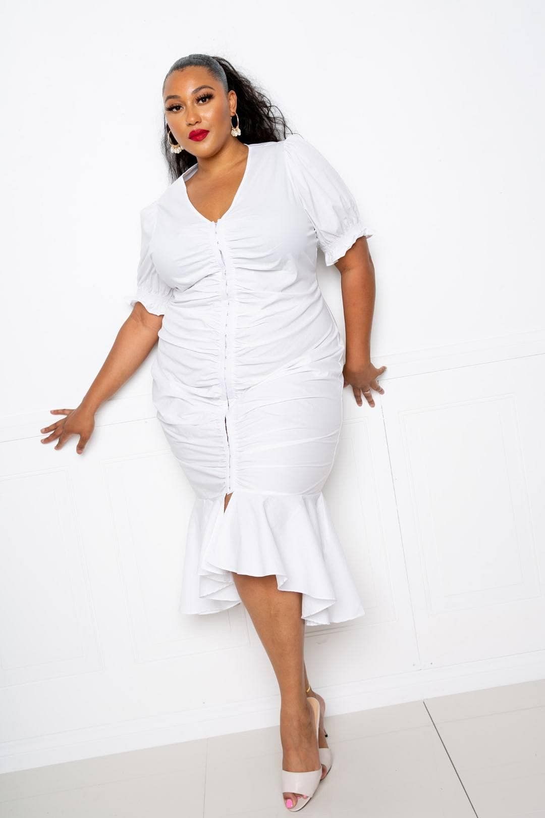 White 3/4 Sleeve Ruched Mermaid Dress - Shopping Therapy 1XL Dress