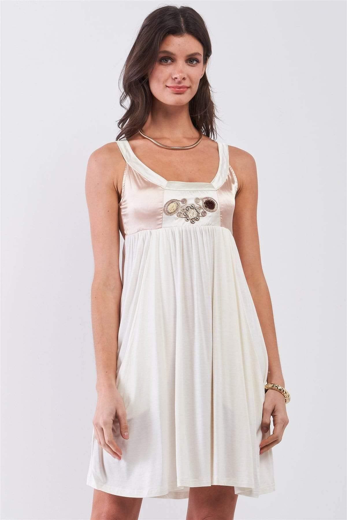 White Embroidered Sleeveless Satin Mini Dress - Shopping Therapy, LLC Dress