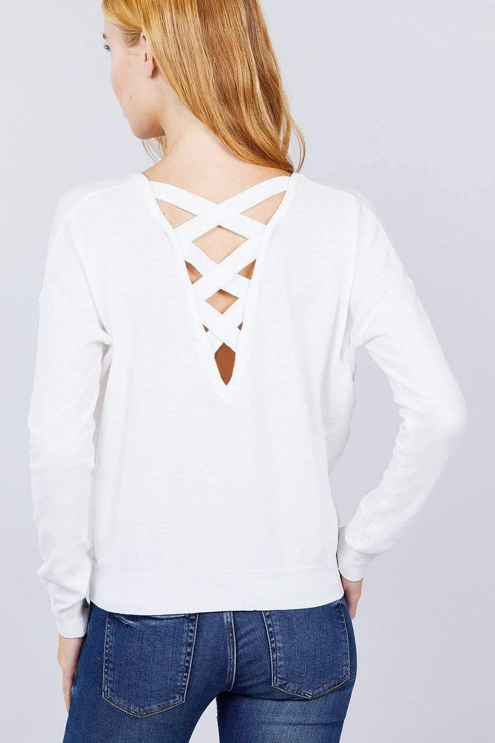 White Long Sleeve V-Neck Pullover Sweater - Shopping Therapy, LLC Sweater