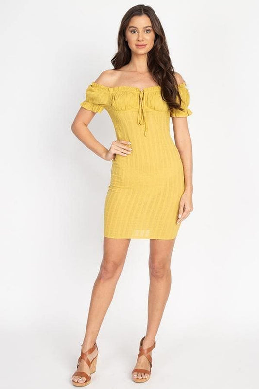Yellow Off The Shoulder Smocked Dress - Shopping Therapy, LLC Dress