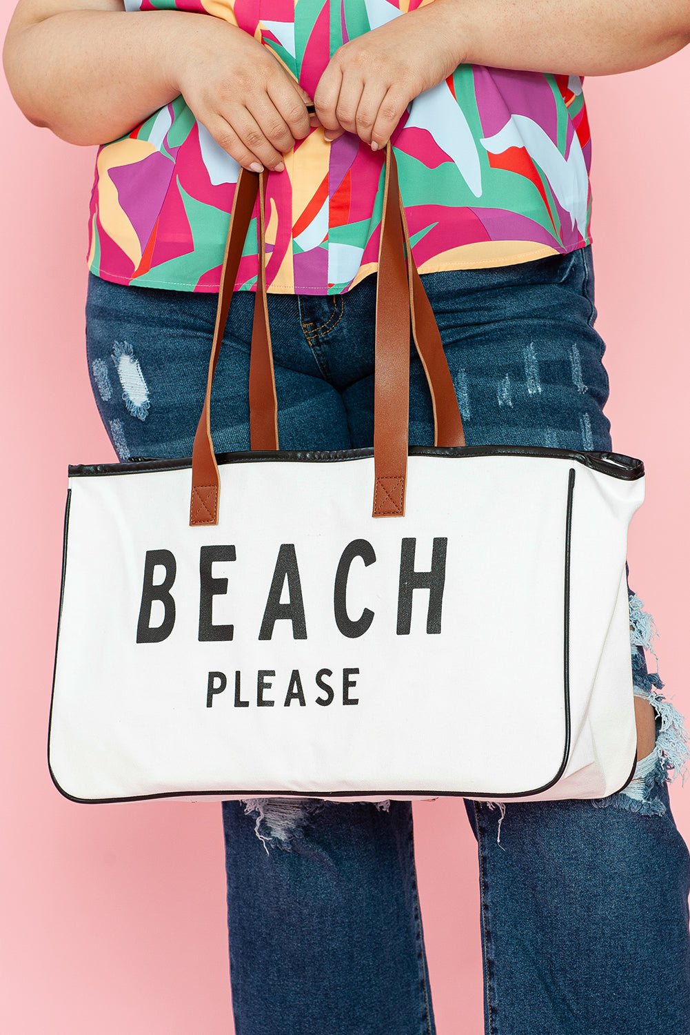 White Graphic Print Large Canvas Tote Bag - Spacious & Durable Summer Tote - Shopping Therapy, LLC Handbags