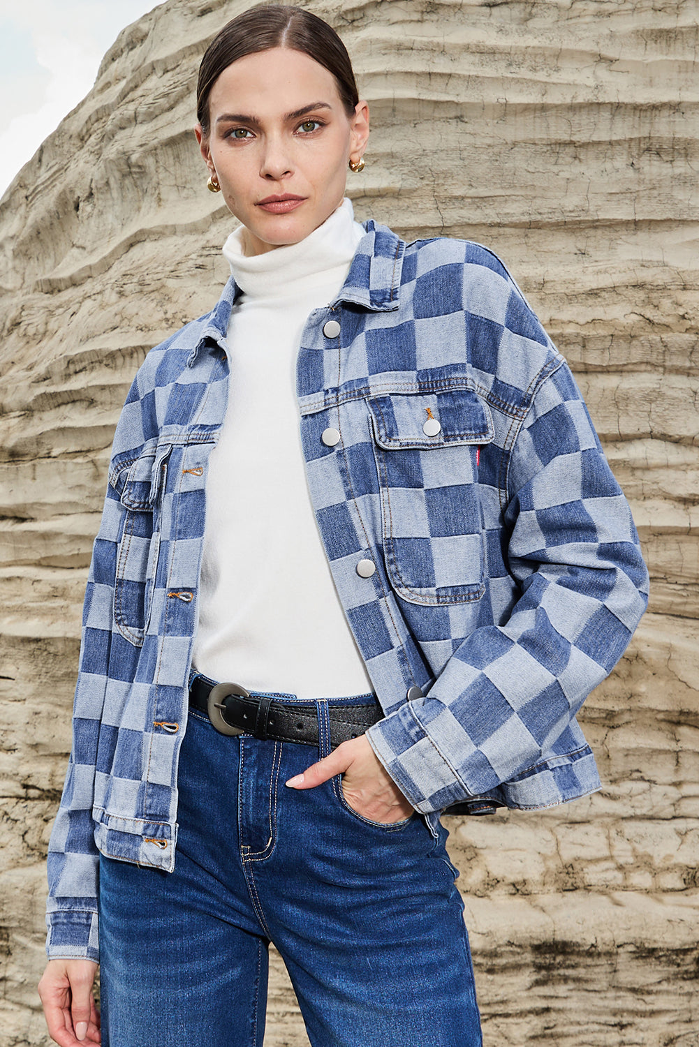 Light Blue Checkered Patchwork Button-Up Denim Jacket for Women