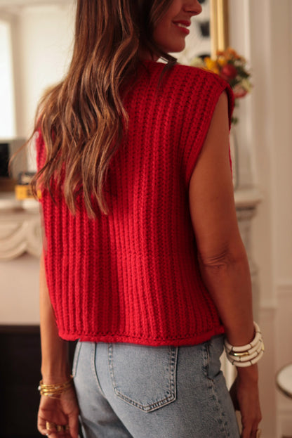 Fiery Red Textured Knit Sweater Vest with Side Pockets & Button Front