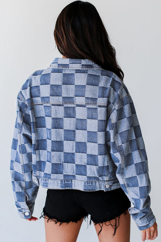 Light Blue Checkered Patchwork Button-Up Denim Jacket for Women