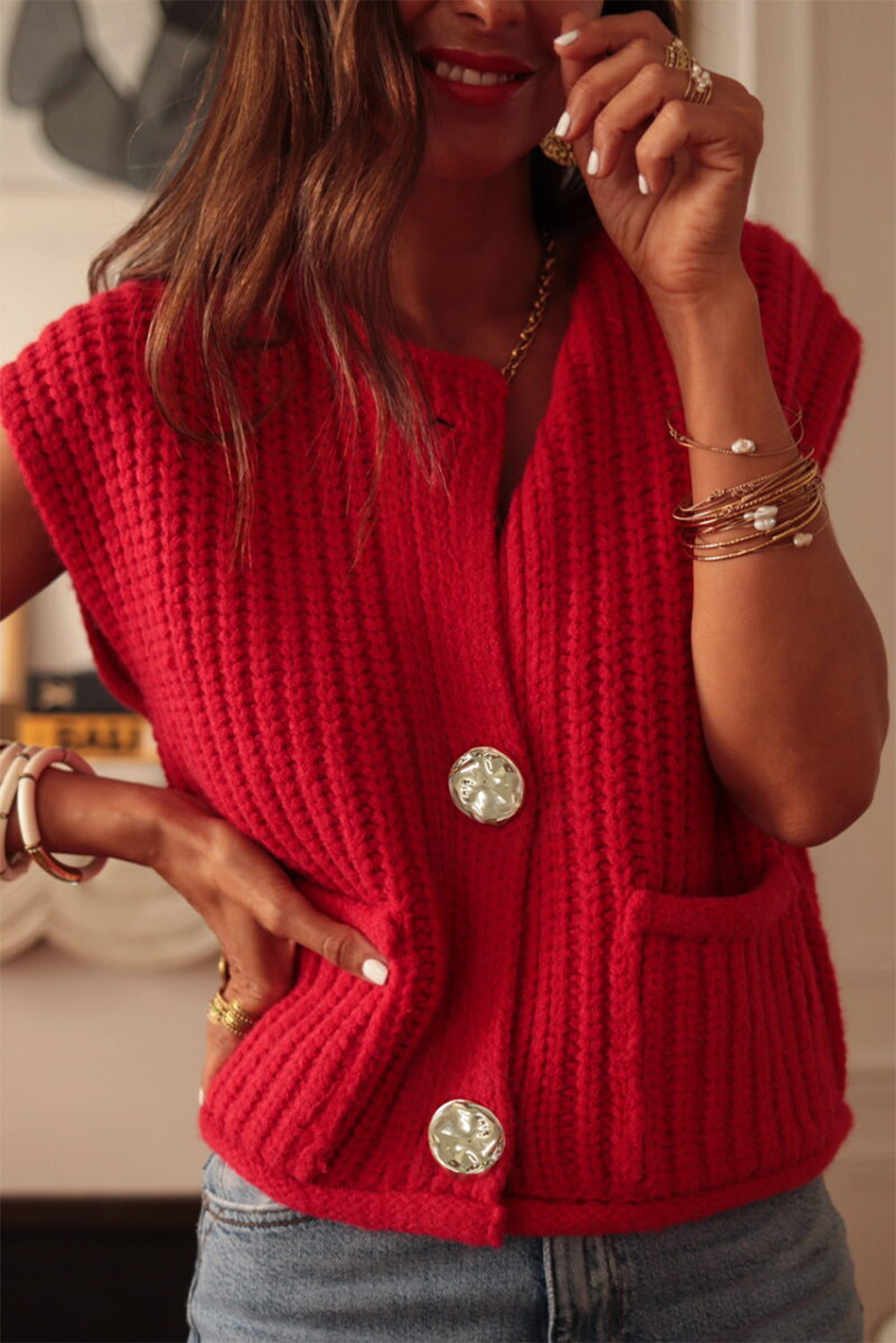 Fiery Red Textured Knit Sweater Vest with Side Pockets & Button Front