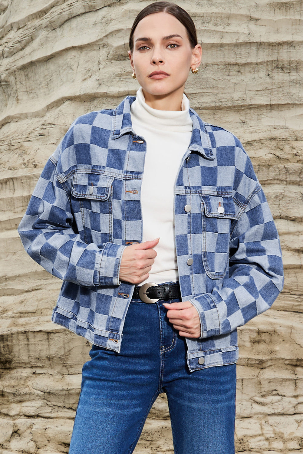 Light Blue Checkered Patchwork Button-Up Denim Jacket for Women