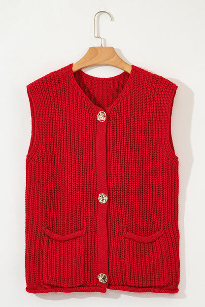 Fiery Red Textured Knit Sweater Vest with Side Pockets & Button Front