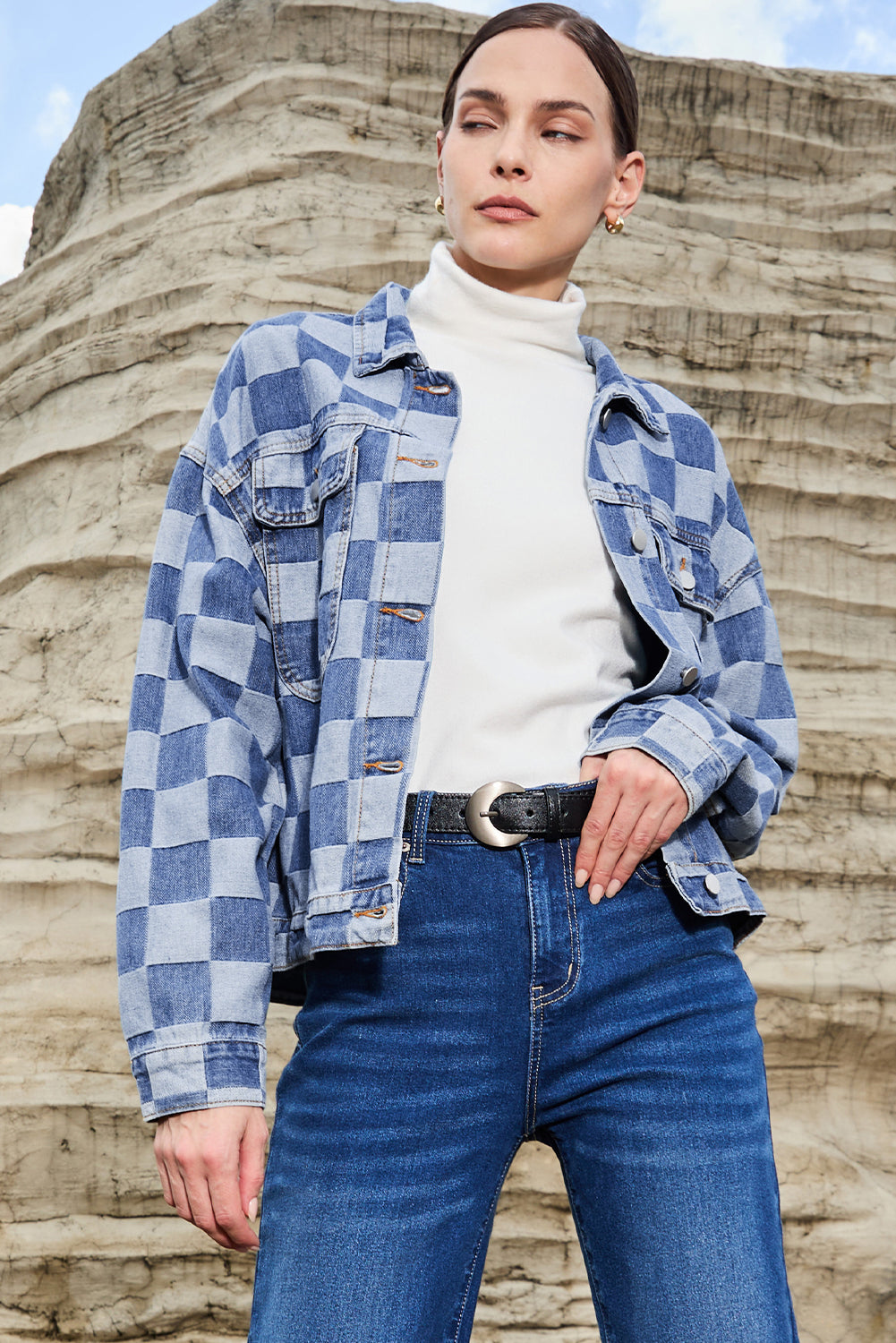 Light Blue Checkered Patchwork Button-Up Denim Jacket for Women