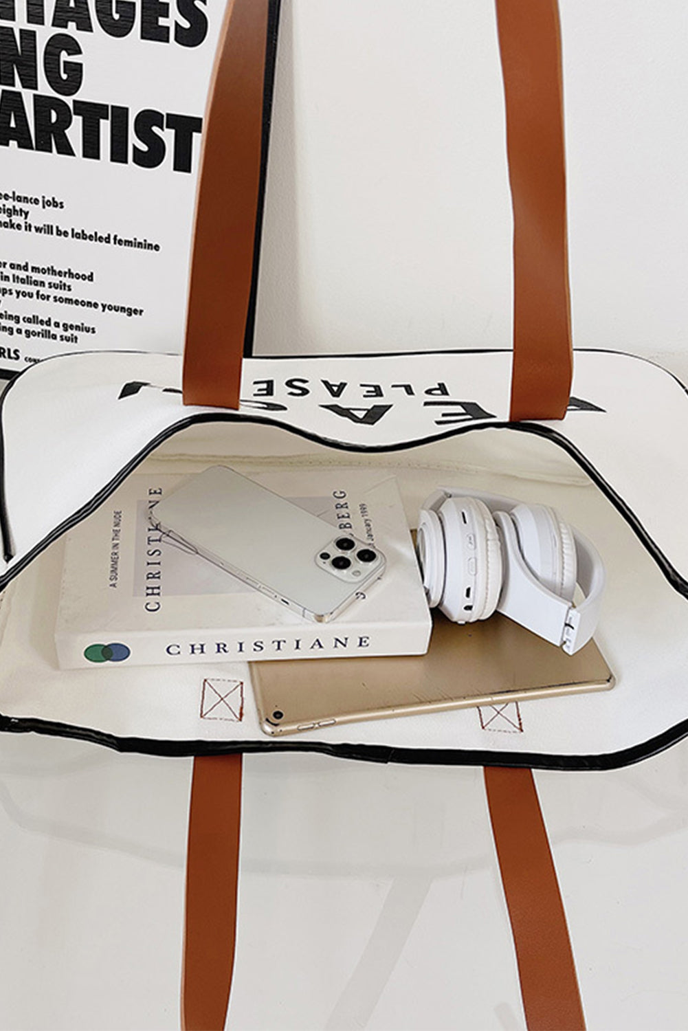 White Graphic Print Large Canvas Tote Bag - Spacious & Durable Summer Tote - Shopping Therapy, LLC Handbags