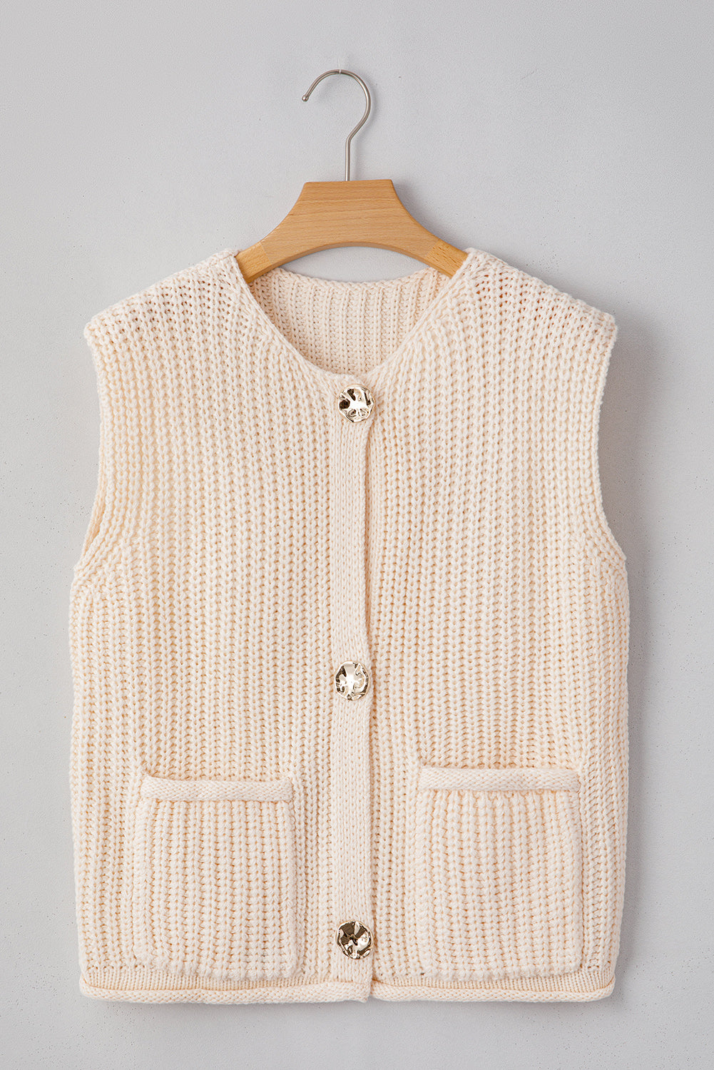 White Solid Textured Knit Sweater Vest With Side Pockets