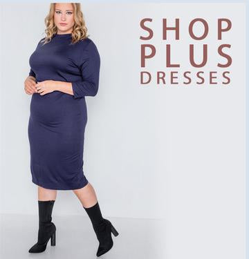 Banner featuring  woman wearing plus size navy blue midi dress