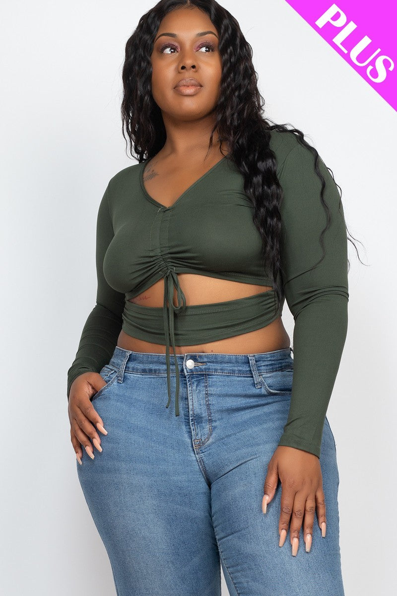 Olive Plus Size Ruched Cutout Crop Top-Chic And Trendy