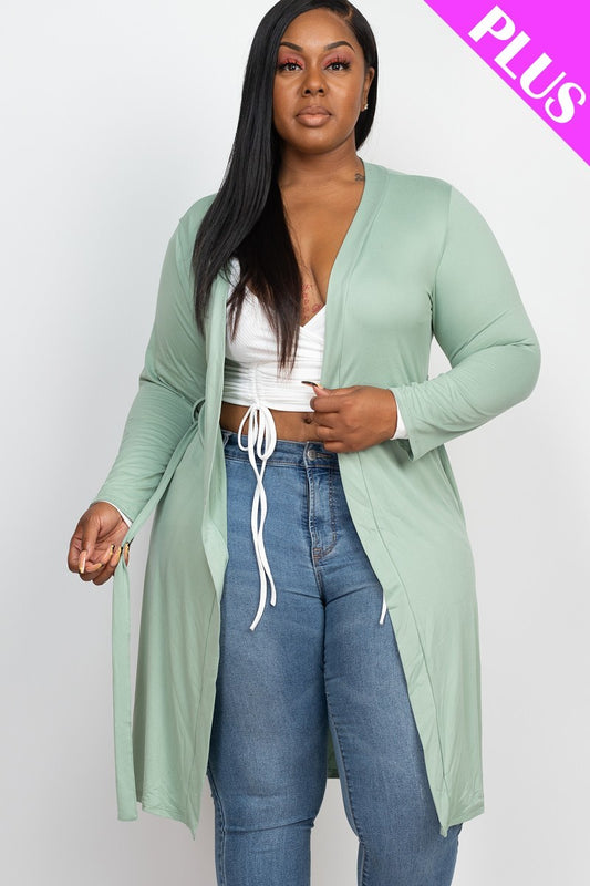 Minty Green Plus Long Sleeve Belted Cardigan