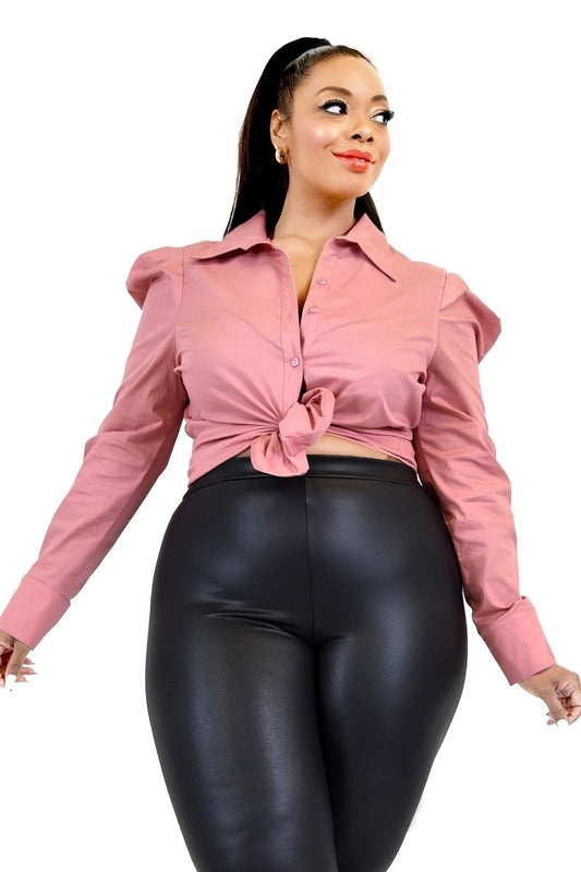 Mauve Plus Size Poplin Puff Sleeve Shirt-Chic and Versatile