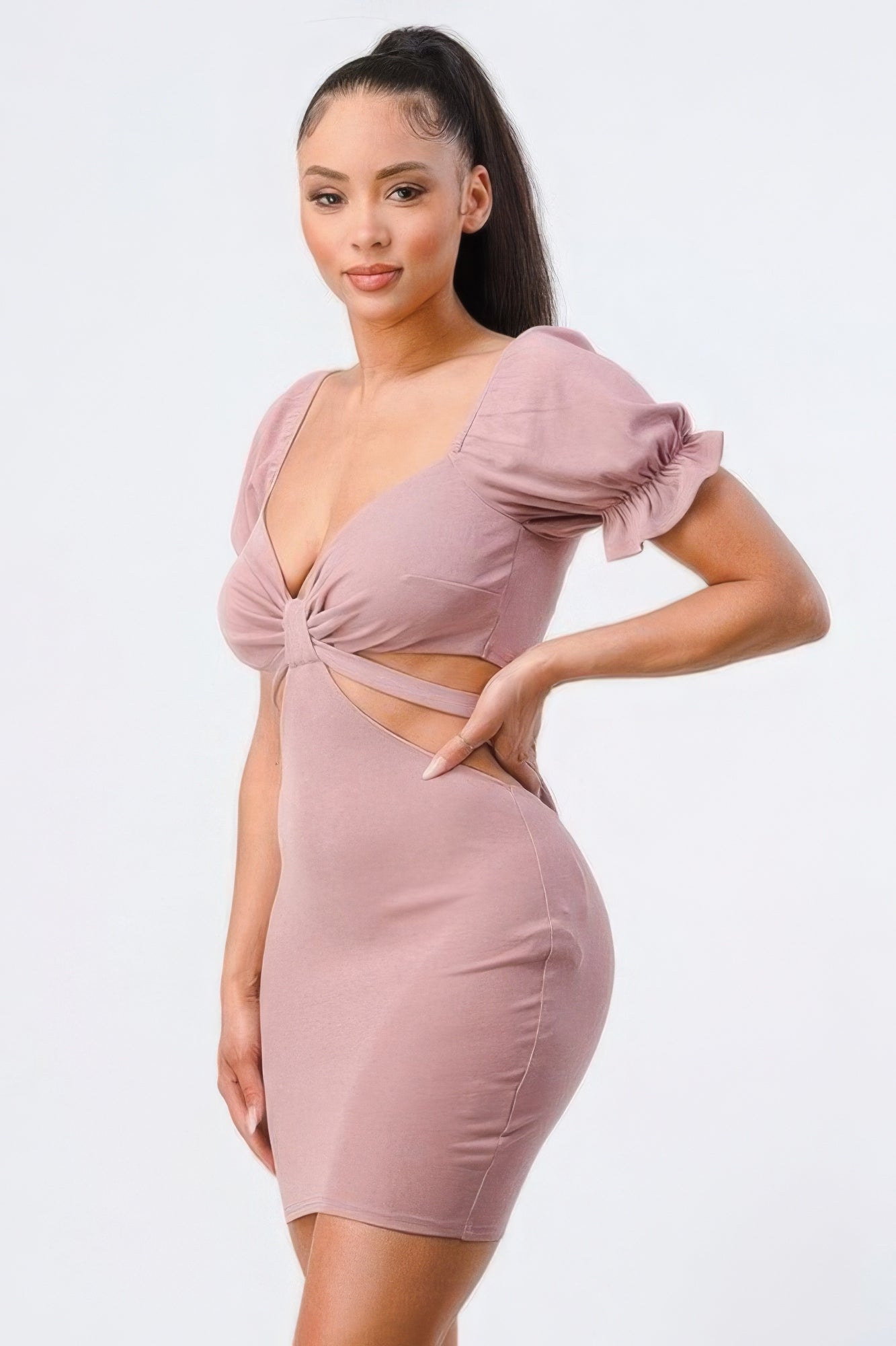 Mauve Back-Tie Ruffle Sleeve Cutout Bodycon Dress