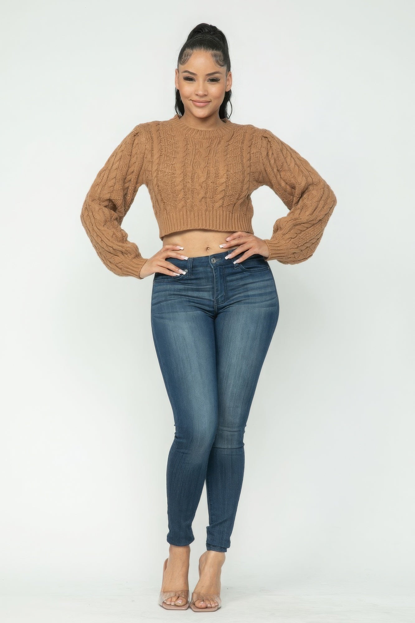 Mocha Cable Pullover Long Sleeve Sweater