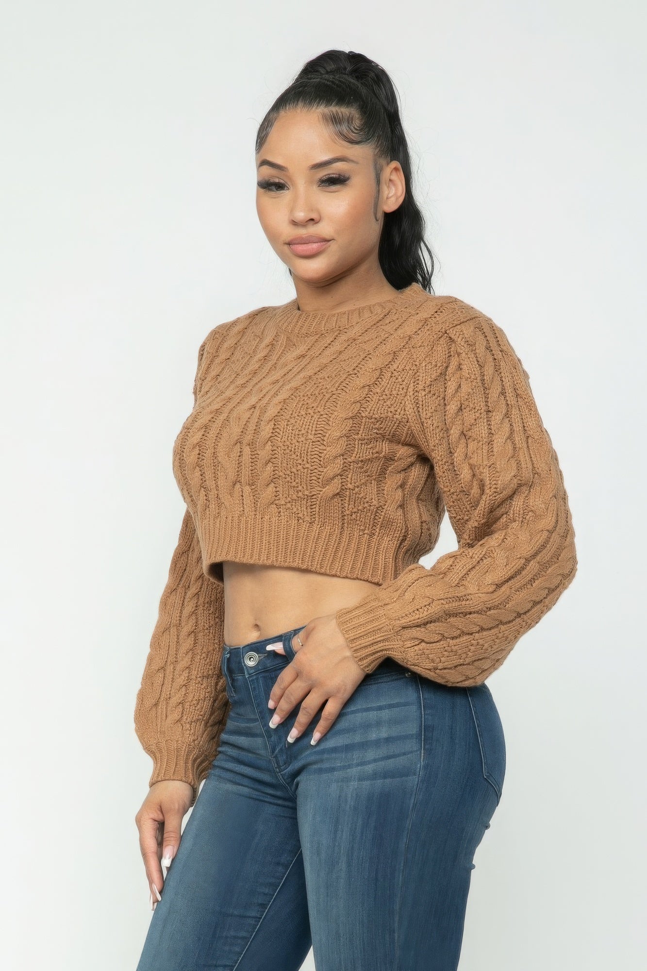 Mocha Cable Pullover Long Sleeve Sweater