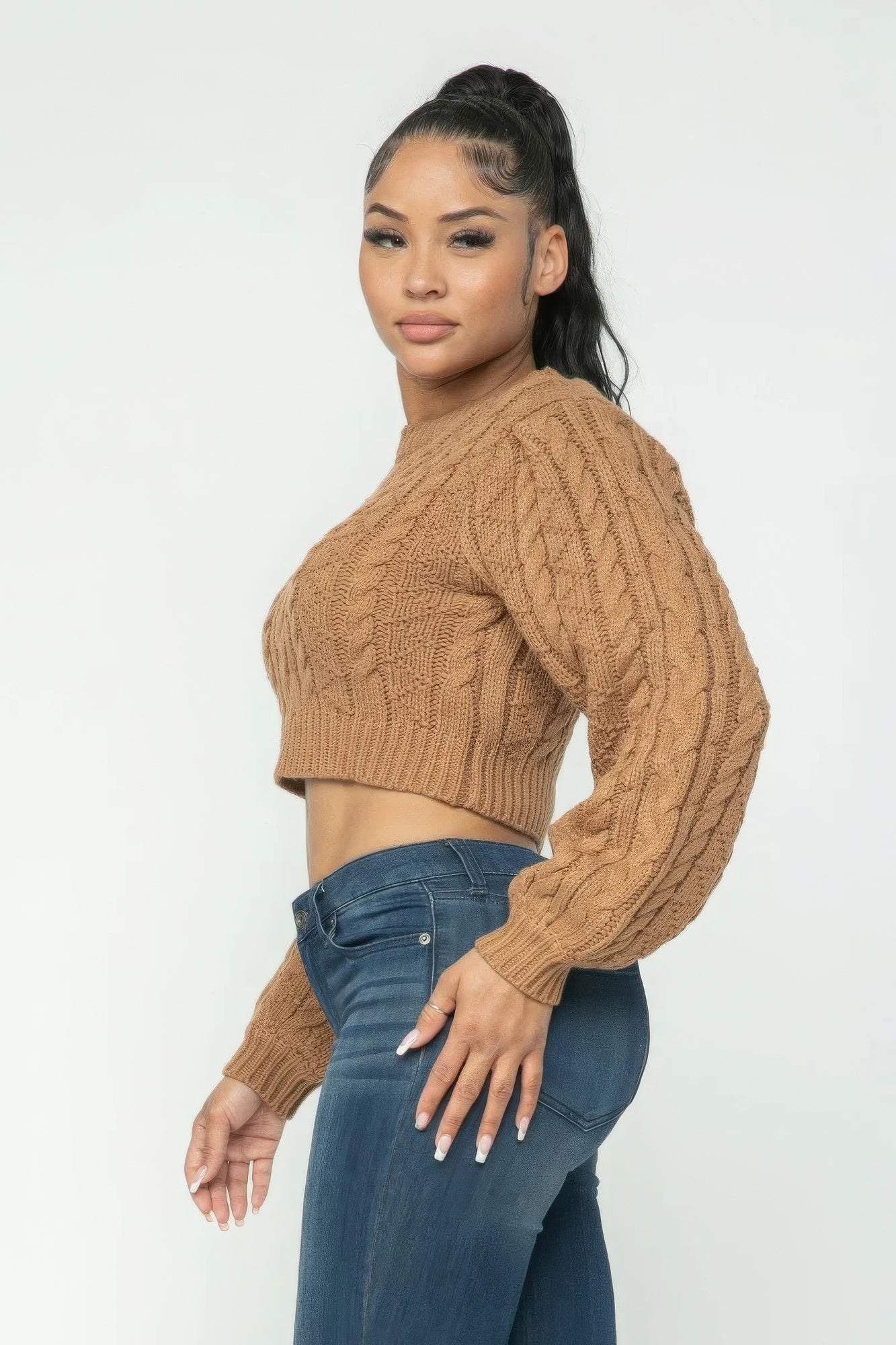 Mocha Cable Pullover Long Sleeve Sweater