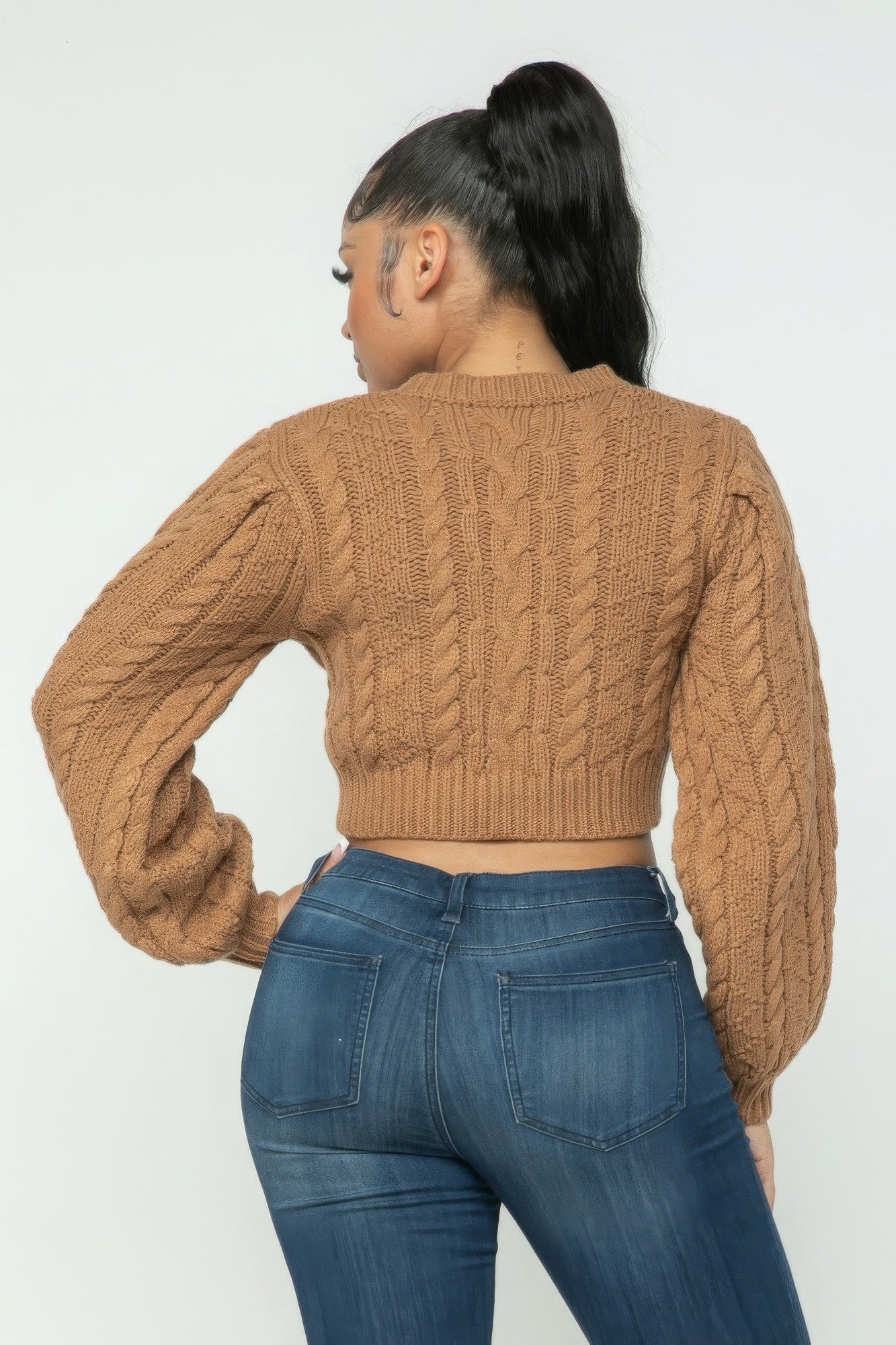 Mocha Cable Pullover Long Sleeve Sweater