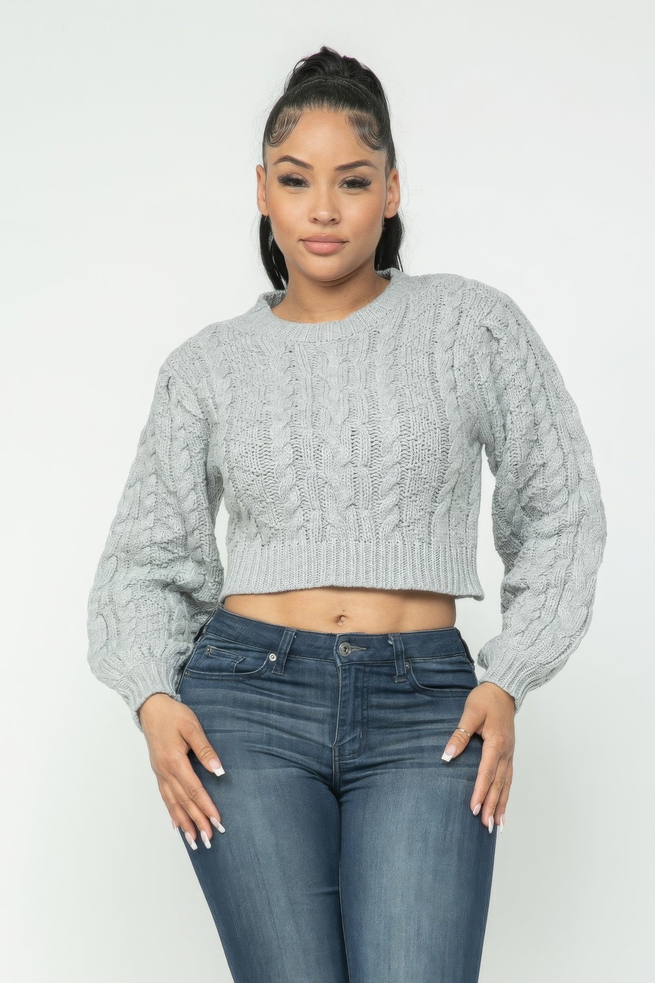 Heather Gray Cable Pullover Long Sleeve Sweater