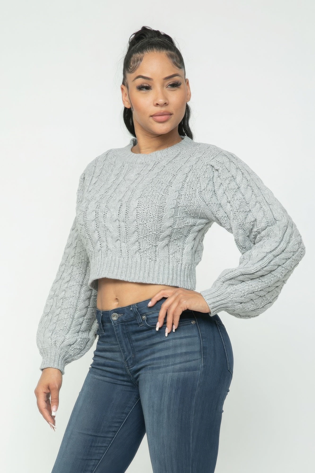 Heather Gray Cable Pullover Long Sleeve Sweater