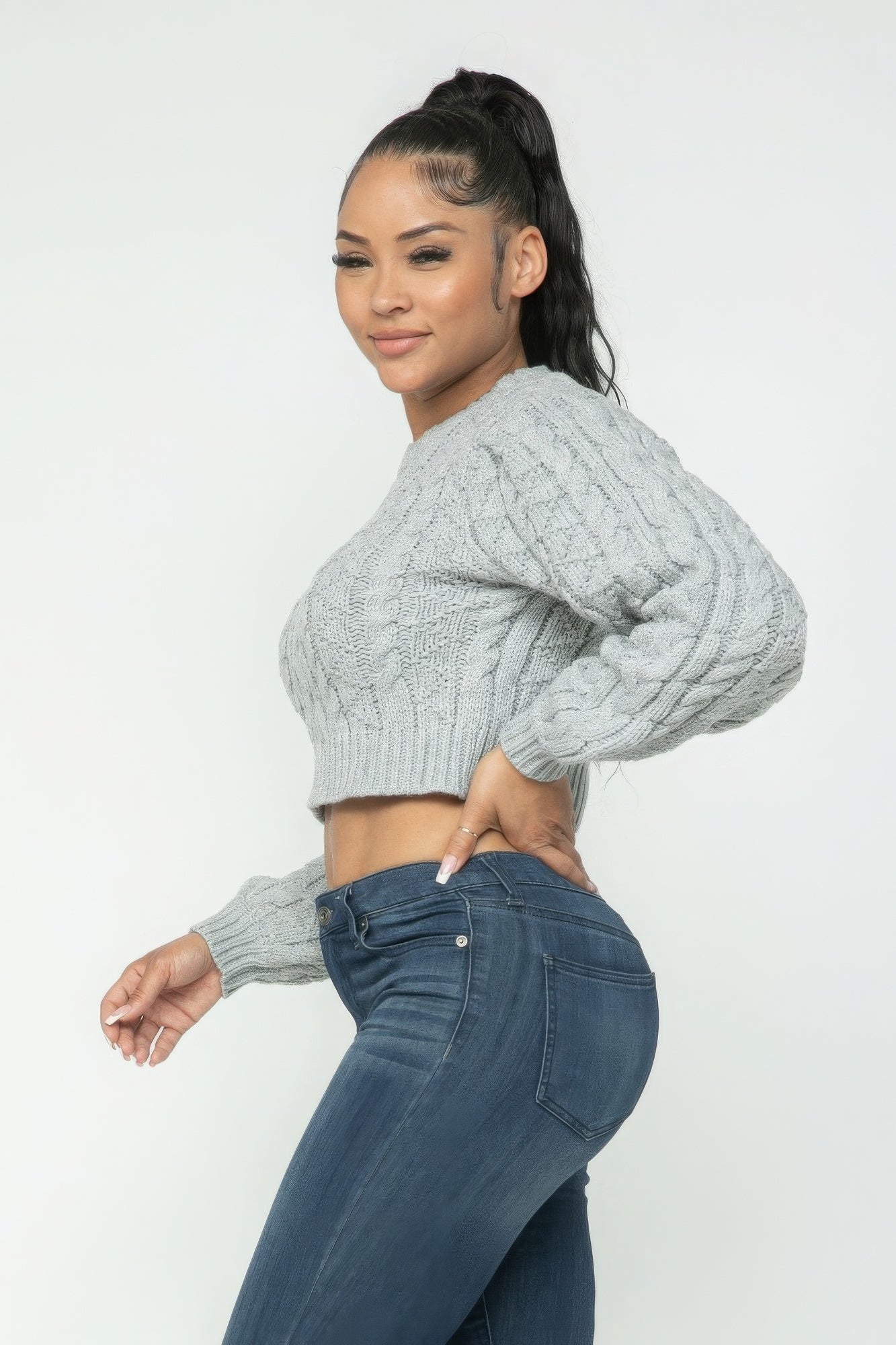 Heather Gray Cable Pullover Long Sleeve Sweater