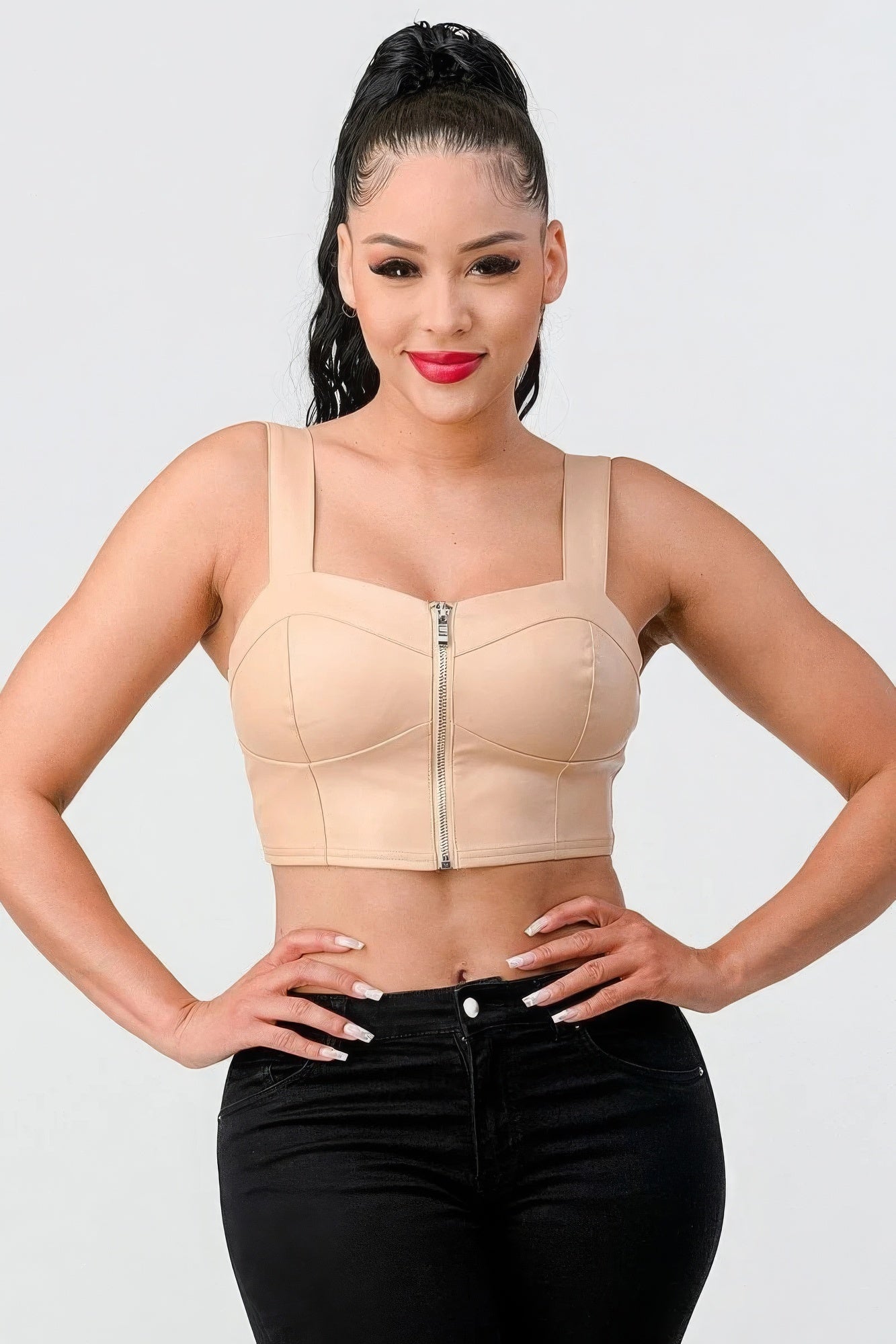 Nude Faux Leather PU Sleeveless Cropped Top