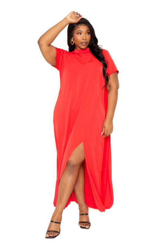 Bold Red Mock-Neck Maxi Cape Dress