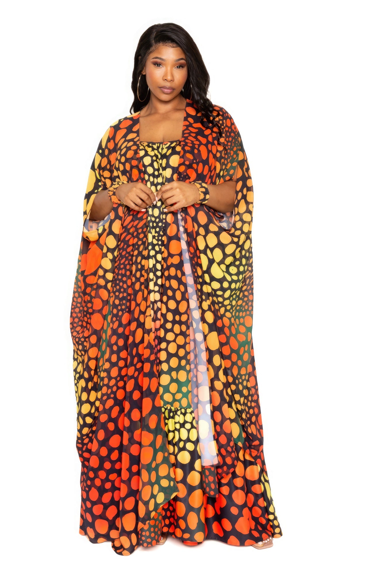 Orange Dotted Maxi Robe And Wristband