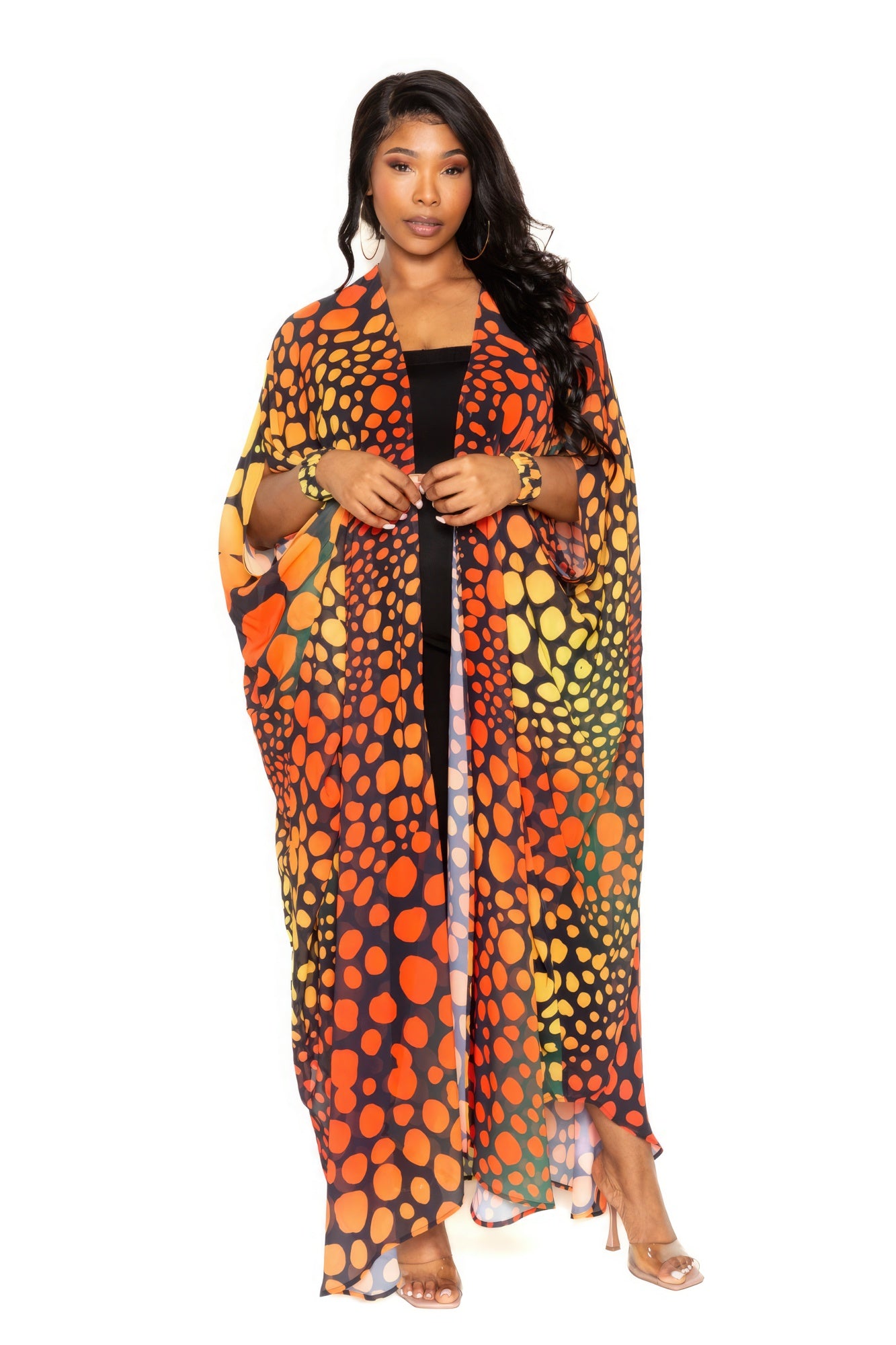 Orange Dotted Maxi Robe And Wristband - Shopping Therapy, LLC Cardigan