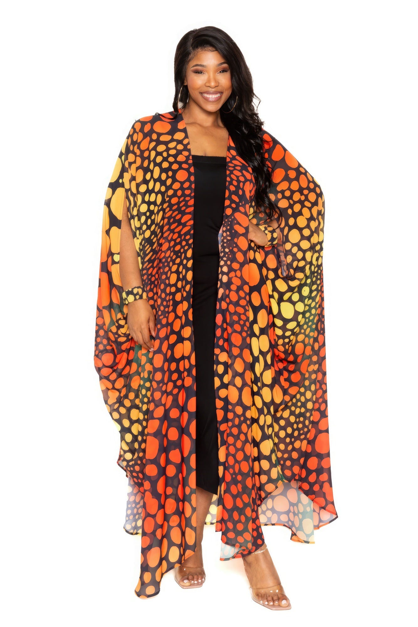 Orange Dotted Maxi Robe And Wristband - Shopping Therapy, LLC Cardigan