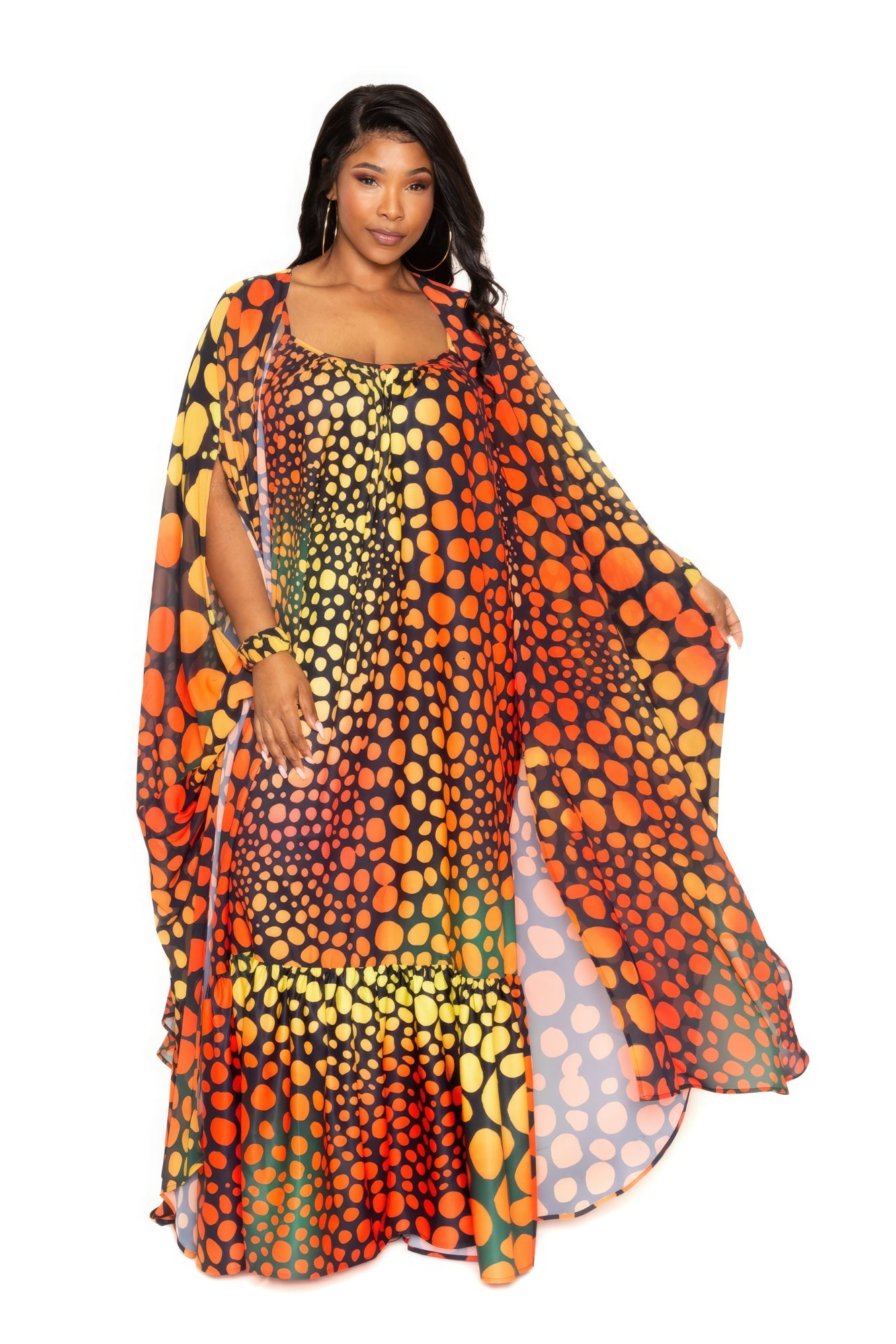 Orange Dotted Maxi Robe And Wristband