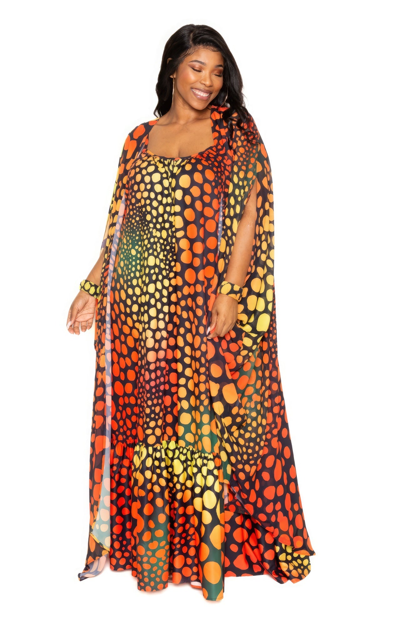 Orange Dotted Maxi Robe And Wristband