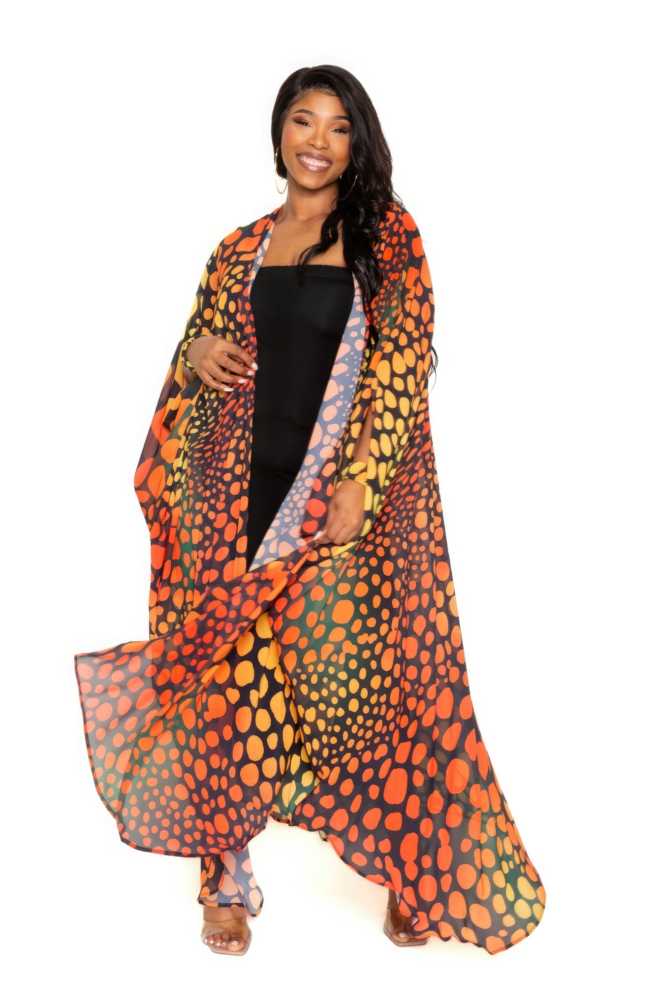 Orange Dotted Maxi Robe And Wristband - Shopping Therapy, LLC Cardigan