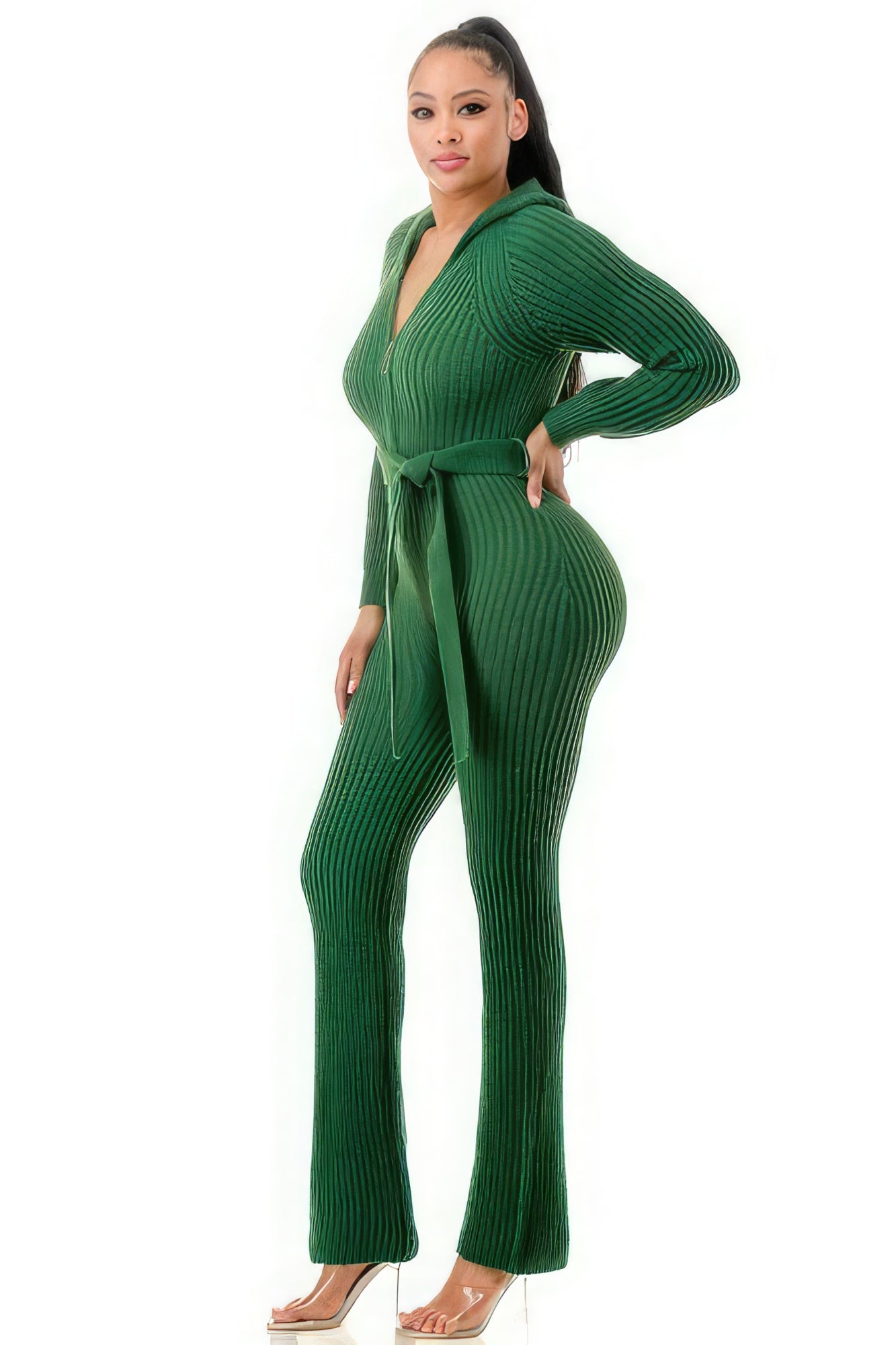 Green Straight Leg Knit Hooded Jumpsuit