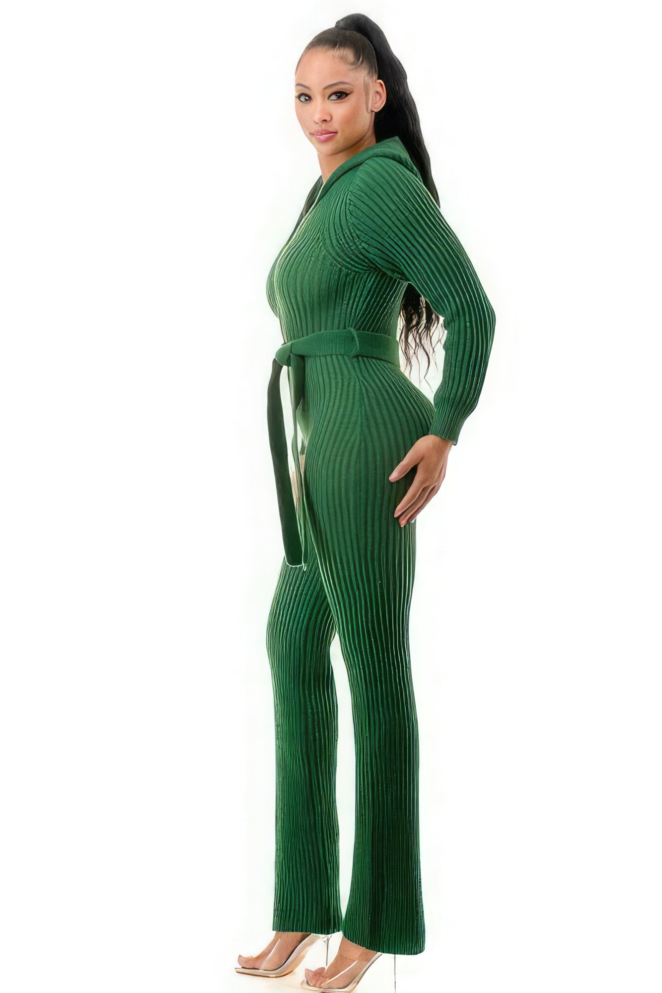 Green Straight Leg Knit Hooded Jumpsuit