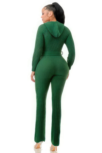 Green Straight Leg Knit Hooded Jumpsuit